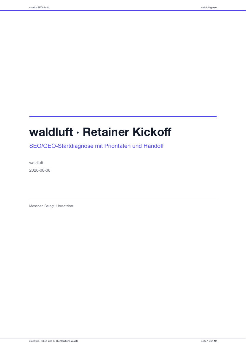 Deckblatt eines lavcite Audit-Reports: waldluft Retainer Kickoff, SEO/GEO-Startdiagnose